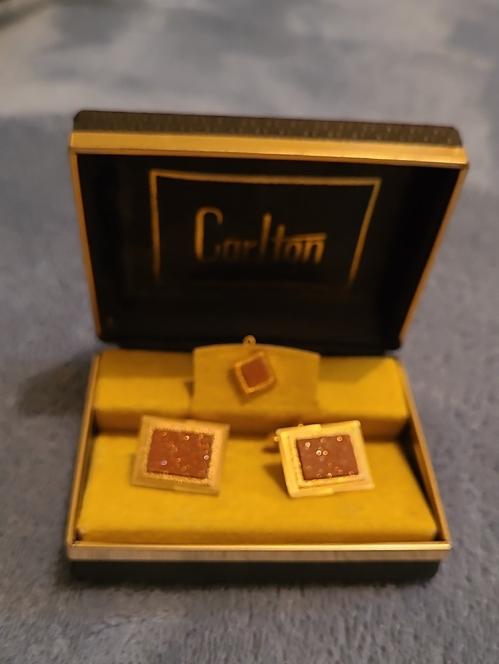 2/$22 Vintage 70s Carlton Goldstone Rectangular Cufflink and Tie Tack Set